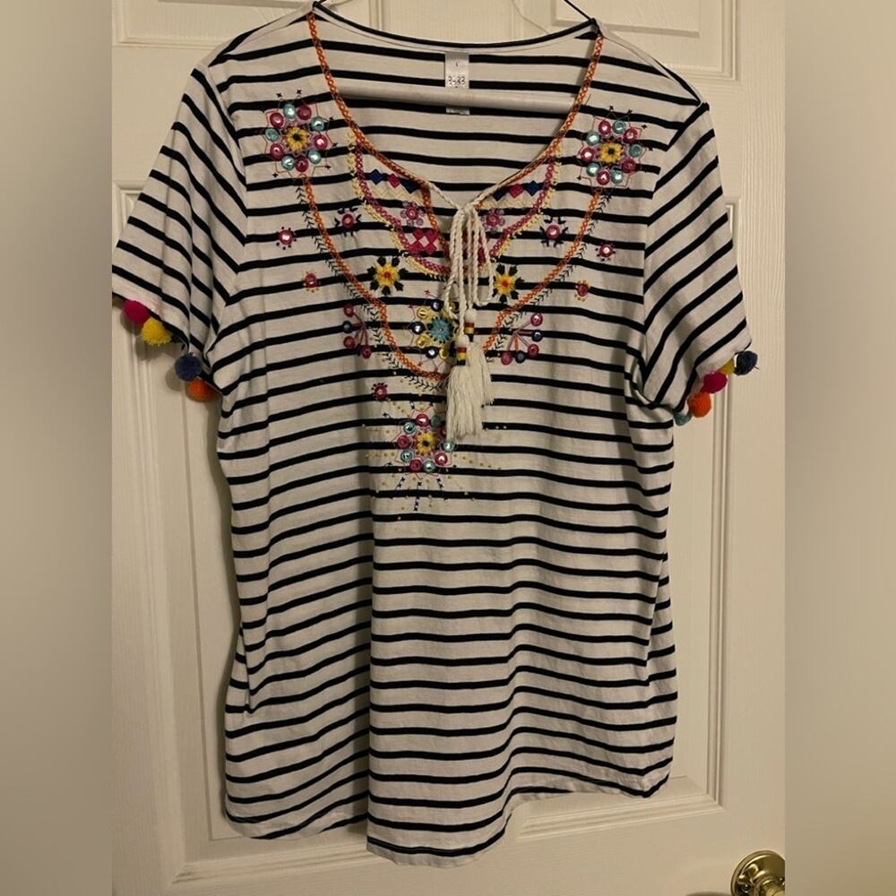 Thomas & Olivia Stripe embroidered striped Pom Pom Top size large
